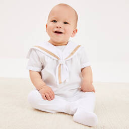 Beatrice & George-Boys Beige Stripe Cotton Sailor Babygrow | Childrensalon Outlet