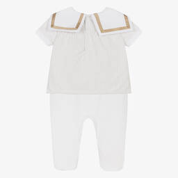 Beatrice & George-Boys Beige Stripe Cotton Sailor Babygrow | Childrensalon Outlet