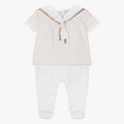 Beatrice & George-Boys Beige Stripe Cotton Sailor Babygrow | Childrensalon Outlet