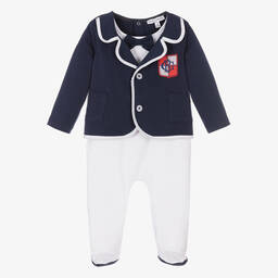 Beatrice & George-Boys Blue Cotton Blazer Babygrow  | Childrensalon Outlet