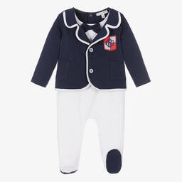 Beatrice & George-Boys Blue Cotton Blazer Babygrow  | Childrensalon Outlet