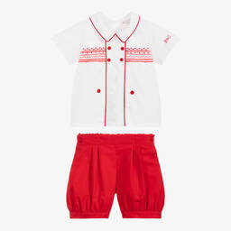Beatrice & George-Boys Red Hand-Smocked Cotton Buster Suit | Childrensalon Outlet