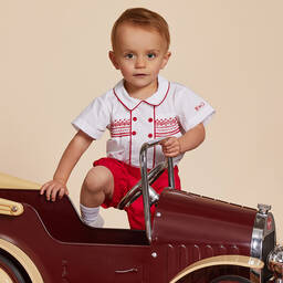 Beatrice & George-Boys Red Hand-Smocked Cotton Buster Suit | Childrensalon Outlet