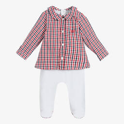 Beatrice & George-Boys Red & White Cotton Babygrow | Childrensalon Outlet