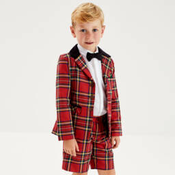 Beatrice & George-Красный костюм с шортами из шотландки для мальчиков | Childrensalon Outlet