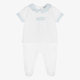 Beatrice & George-Бело-голубой хлопковый комбинезон | Childrensalon Outlet