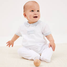 Beatrice & George-Бело-голубой хлопковый комбинезон | Childrensalon Outlet