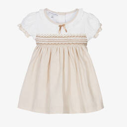 Beatrice & George-Girls Beige Hand-Smocked Cotton Dress | Childrensalon Outlet