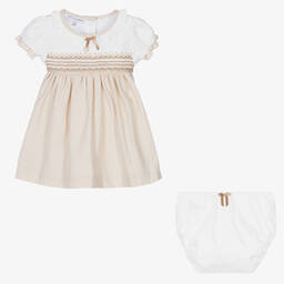 Beatrice & George-Girls Beige Hand-Smocked Cotton Dress | Childrensalon Outlet