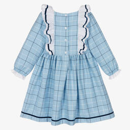 Beatrice & George-Girls Blue Check Frill Viscose Dress | Childrensalon Outlet