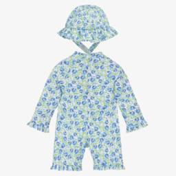 Beatrice & George-Голубой солнцезащитный комбинезон и шапочка в цветочек | Childrensalon Outlet