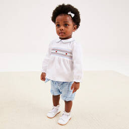 Beatrice & George-Girls Blue Smocked & Checked Shorts Set | Childrensalon Outlet