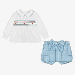 Beatrice & George-Girls Blue Smocked & Checked Shorts Set | Childrensalon Outlet