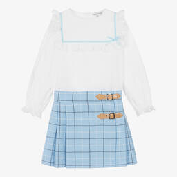بياتريس آند جورج-طقم تنورة تارتان قطن بوبلين وفيسكوز لون أزرق | Childrensalon Outlet