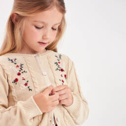 Beatrice & George-Girls Floral Knit Beige Cardigan | Childrensalon Outlet