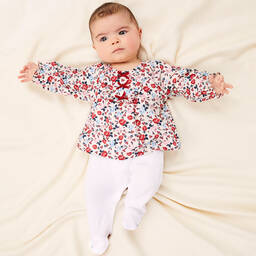 Beatrice & George-Girls Ivory & Red Cotton Floral Babygrow | Childrensalon Outlet