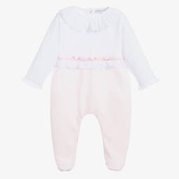 Beatrice & George-Бело-розовый комбинезон из велюра для малышей | Childrensalon Outlet