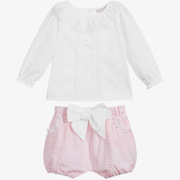 Beatrice & George-Girls Pink Gingham Seersucker Shorts Set | Childrensalon Outlet