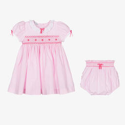 Beatrice & George-طقم فستان مطرز سموكينغ قطن لون زهري وأبيض | Childrensalon Outlet