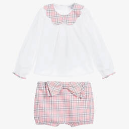 Beatrice & George-Girls Pink Tartan Cotton Shorts Set | Childrensalon Outlet
