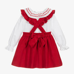 Beatrice & George-Girls Red Needlecord Pinafore Dress Set | Childrensalon Outlet