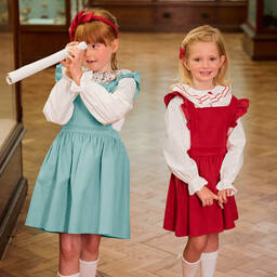 Beatrice & George-Girls Red Needlecord Pinafore Dress Set | Childrensalon Outlet