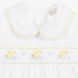 بياتريس آند جورج-بودي سوت تطريز سموك قطن لون أبيض | Childrensalon Outlet