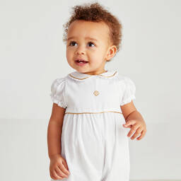 Beatrice & George-White Cotton Monogram Baby Shortie | Childrensalon Outlet