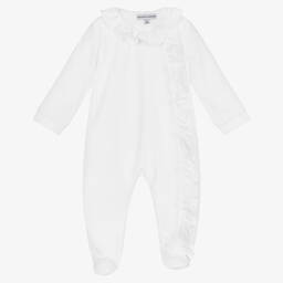 Beatrice & George-White Cotton Velour Babygrow | Childrensalon Outlet
