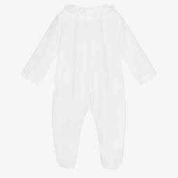 Beatrice & George-White Cotton Velour Babygrow | Childrensalon Outlet