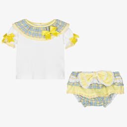 بو كيد-طقم شورت قطن كاروهات لون أصفر وأزرق للمولودات | Childrensalon Outlet