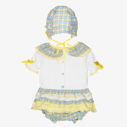 بو كيد-طقم شورت قطن كاروهات لون أصفر وأزرق للمولودات | Childrensalon Outlet