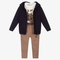 بو كيد-Blue & Beige Baby Trouser Set | Childrensalon Outlet