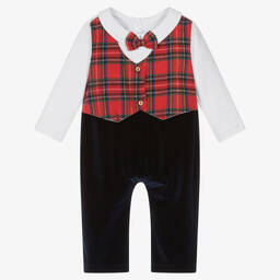 Beau KiD-Blue Velour & Red Tartan Romper | Childrensalon Outlet