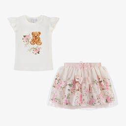 Beau KiD-طقم تنورة بطبعة تيدي بير تول لون عاجي وزهري | Childrensalon Outlet