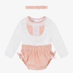 بو كيد-طقم شورت أطفال بناتي لون زهري وأبيض | Childrensalon Outlet