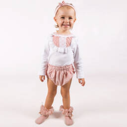 بو كيد-طقم شورت أطفال بناتي لون زهري وأبيض | Childrensalon Outlet