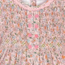 Beau KiD-فستان قطن بوبلين مطرز سموكينغ لون زهري بطبعة ورود | Childrensalon Outlet