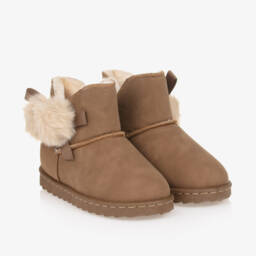Beppi-Girls Cozy Brown Suede & Fur Booties | Childrensalon Outlet