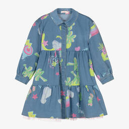 Billieblush-Голубое платье из хлопкового шамбре с принтом | Childrensalon Outlet