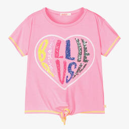 Billieblush-Girls Pink Sequin Heart Cotton T-Shirt | Childrensalon Outlet