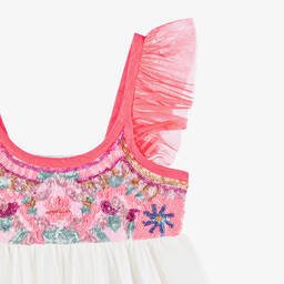 Billieblush-فستان تول لون أبيض وزهري نيون مزين بترتر | Childrensalon Outlet