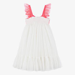 Billieblush-فستان تول لون أبيض وزهري نيون مزين بترتر | Childrensalon Outlet