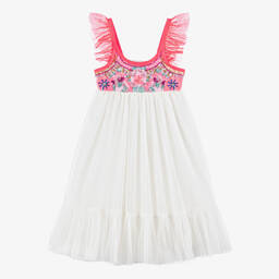 Billieblush-فستان تول لون أبيض وزهري نيون مزين بترتر | Childrensalon Outlet