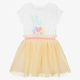 Billieblush-Бело-желтое платье из тюля с пальмами | Childrensalon Outlet
