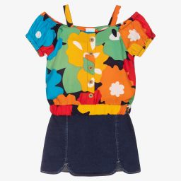 بوبولي-طقم تنورة فيسكوز وقطن لون أزرق وبرتقالي بطبعة ورود | Childrensalon Outlet