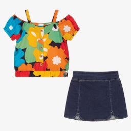 بوبولي-طقم تنورة فيسكوز وقطن لون أزرق وبرتقالي بطبعة ورود | Childrensalon Outlet