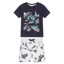 Boboli-طقم شورت وتوب قطن جيرسي لون كحلي ورمادي للأولاد | Childrensalon Outlet