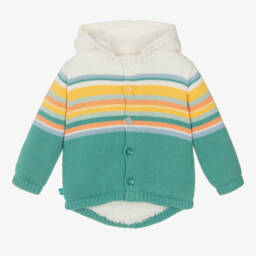 بوبولي-معطف شتوي محبوك ومقلم لون عاجي وأخضر للأطفال | Childrensalon Outlet