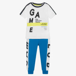 Boboli-Boys White & Blue Cotton Gaming Joggers Set | Childrensalon Outlet